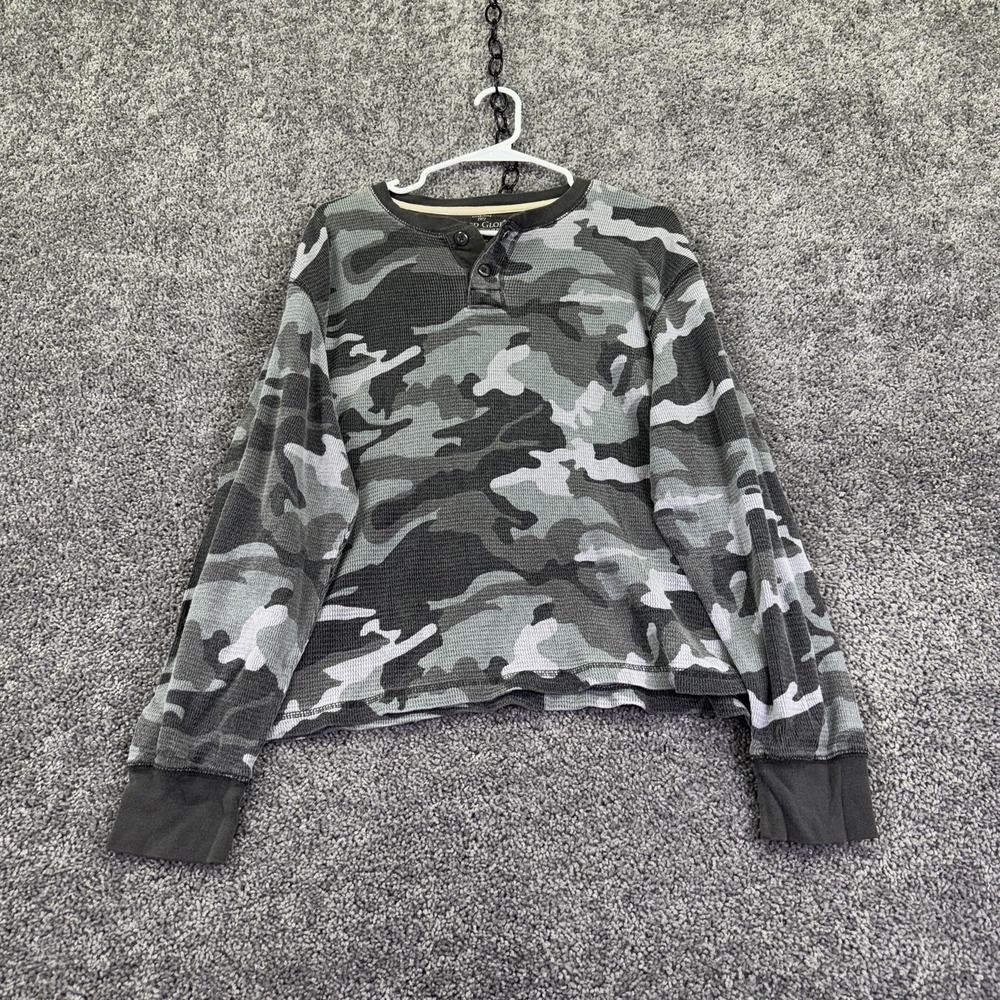 Faded Glory Shirt Mens XL Gray Camo Long Sleeve Thermal Henley Waffle Knit